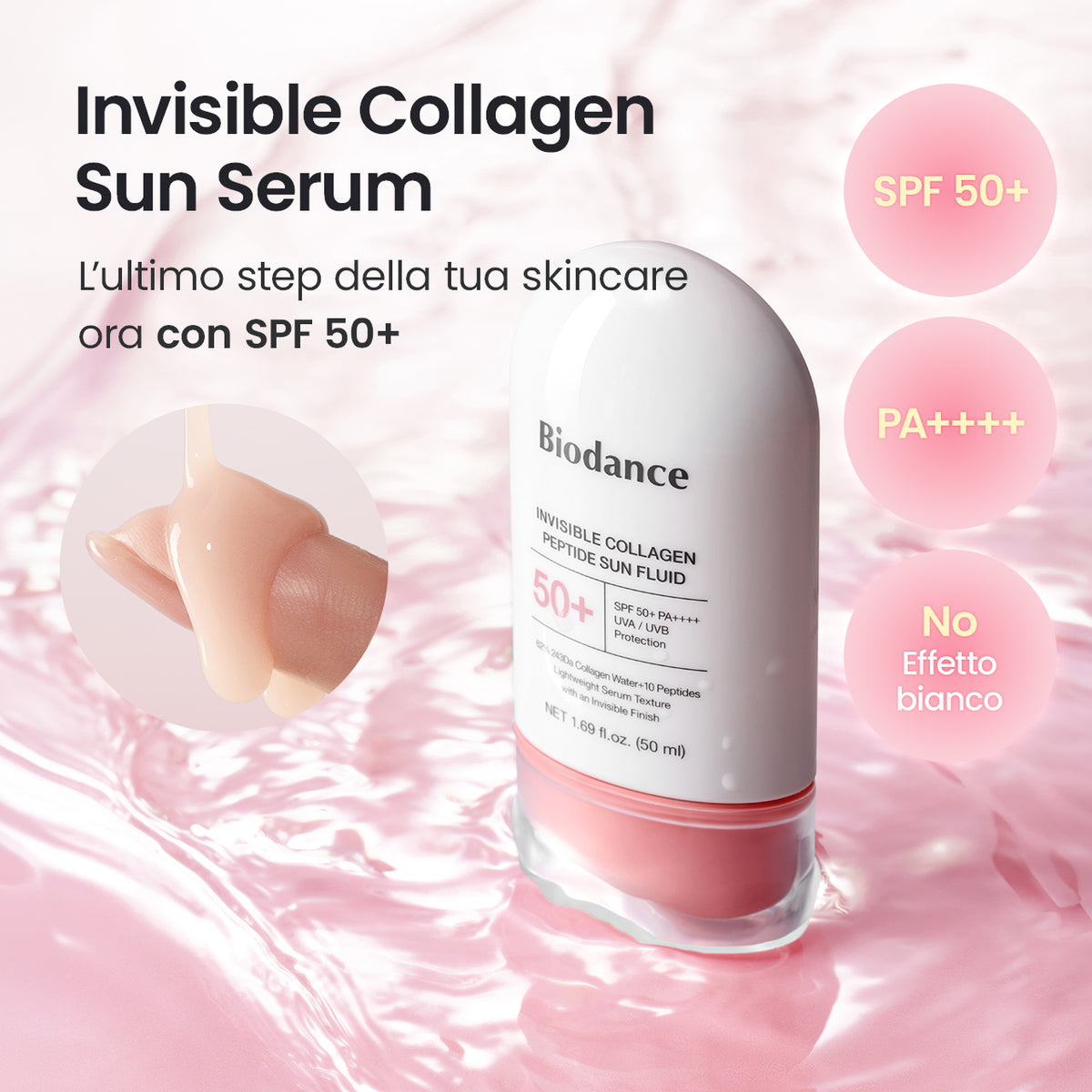 [Brand Skincare N.1 su Amazon] Siero solare al collagene | Invisibile sulla pelle | SPF 50+, PA++++