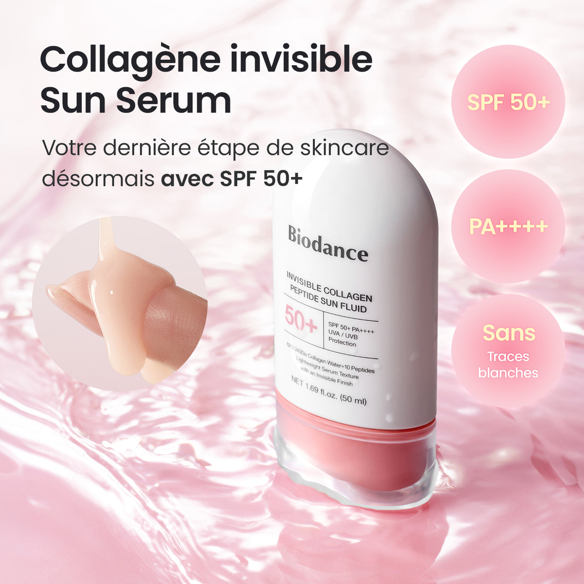 [Marque de skincare N°1 sur Amazon] Sérum solaire au collagène | Sans résidu blanc | SPF 50+, PA++++